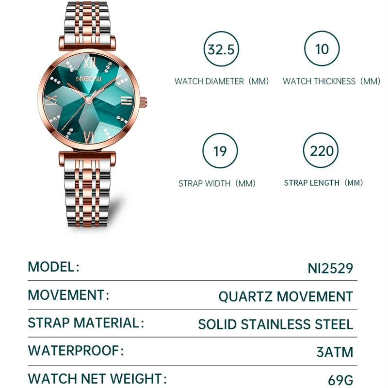 Nibosi losango espelho, relógio de quartzo para mulheres clássico luxo aço inoxidável à prova d'água