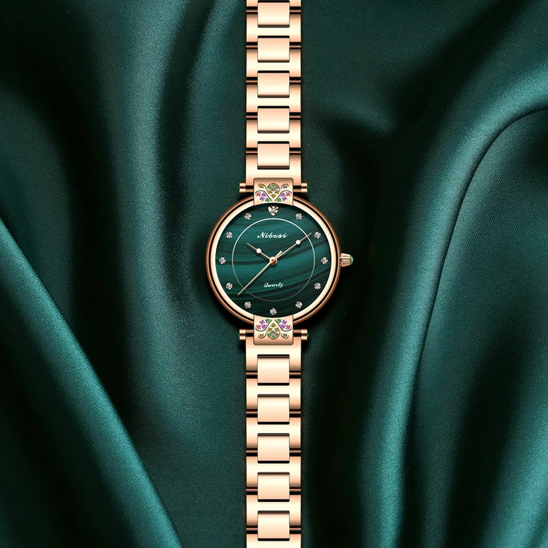 Nibosi luxuoso relógio quartzo para mulher, aço inoxidável