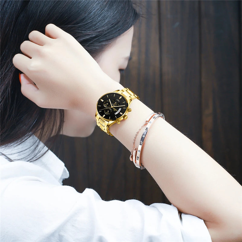 Nibosi relógios femininos de luxo marca superior moda, à prova de água, aço inoxidável, relógio pulso quartzo&nbsp;