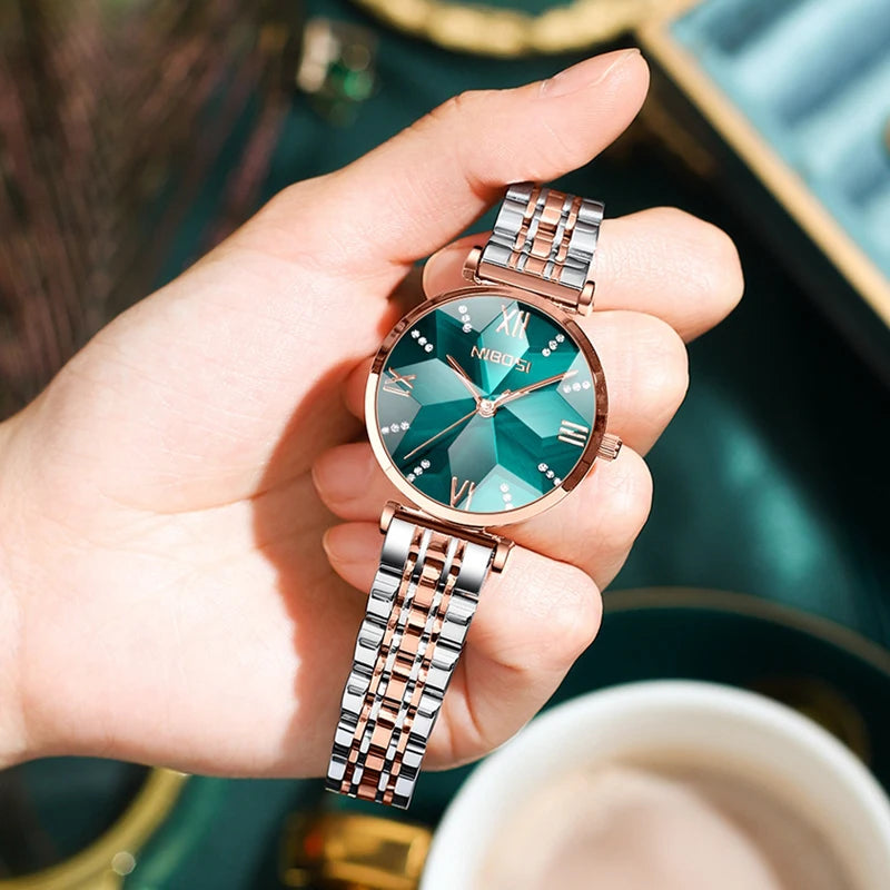 Nibosi losango espelho, relógio de quartzo para mulheres clássico luxo aço inoxidável à prova d'água