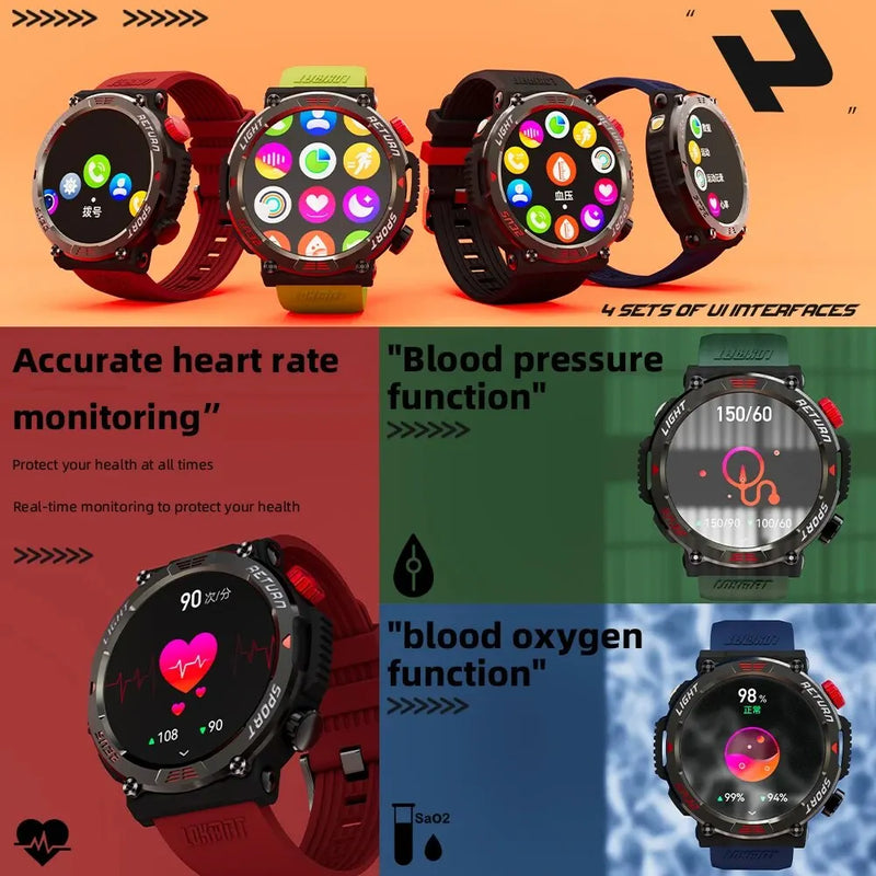 Relógio inteligente esportivo LOKMAT ZEUS 5 PRO de 1,54 polegadas com caixa em metal resistente, resistência à água até 5ATM, monitor de frequência cardíaca, oxigênio no sangue e pressão arterial para atividades ao ar livre