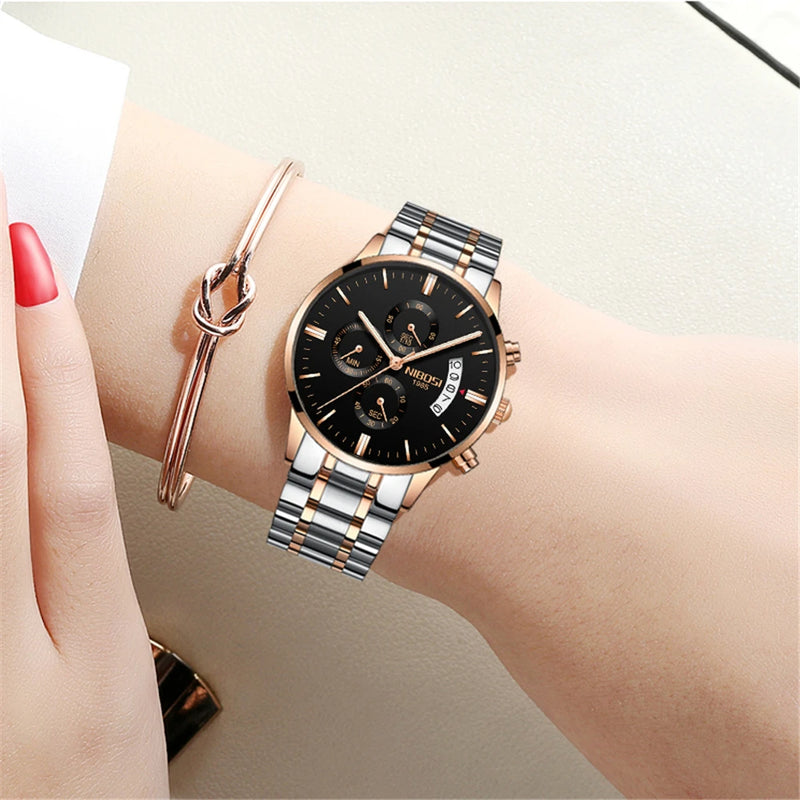 Nibosi relógios femininos de luxo marca superior moda, à prova de água, aço inoxidável, relógio pulso quartzo&nbsp;
