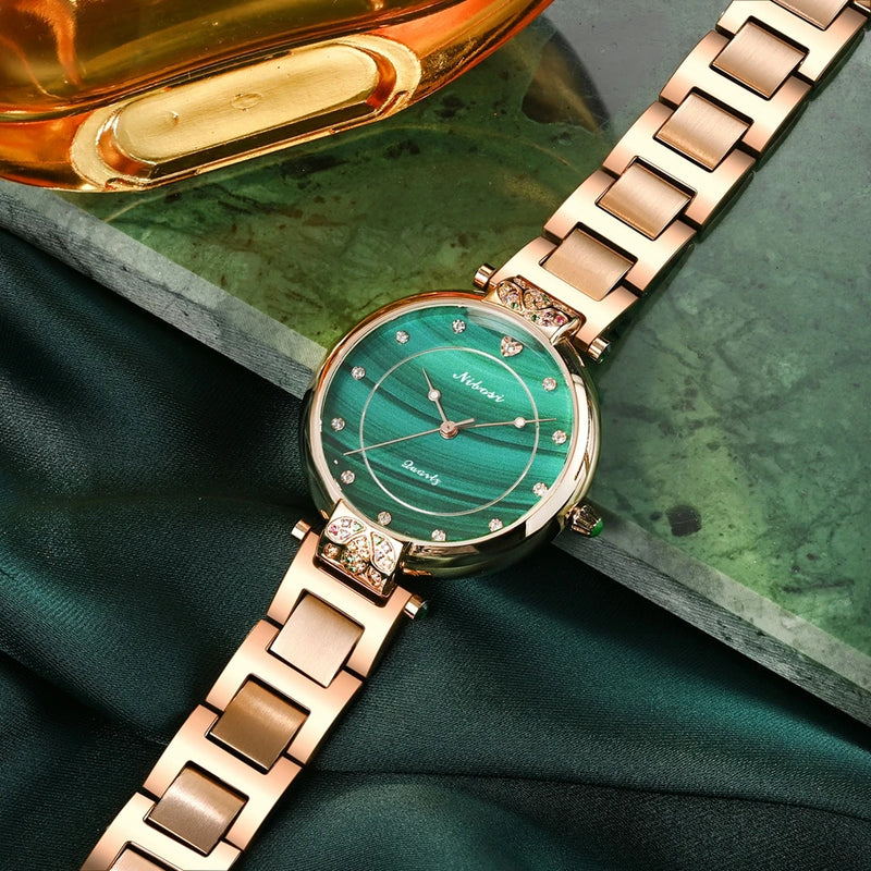 Nibosi luxuoso relógio quartzo para mulher, aço inoxidável