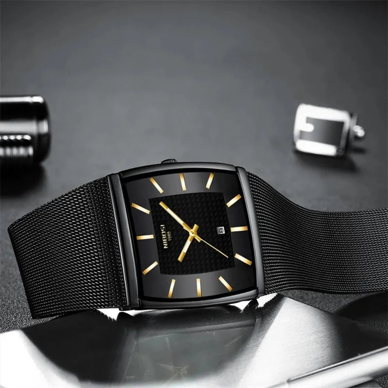 Nibosi-relógio de pulso masculino de quartzo, marca de luxo, azul, quadrado, impermeável, fino, dourado, para homens