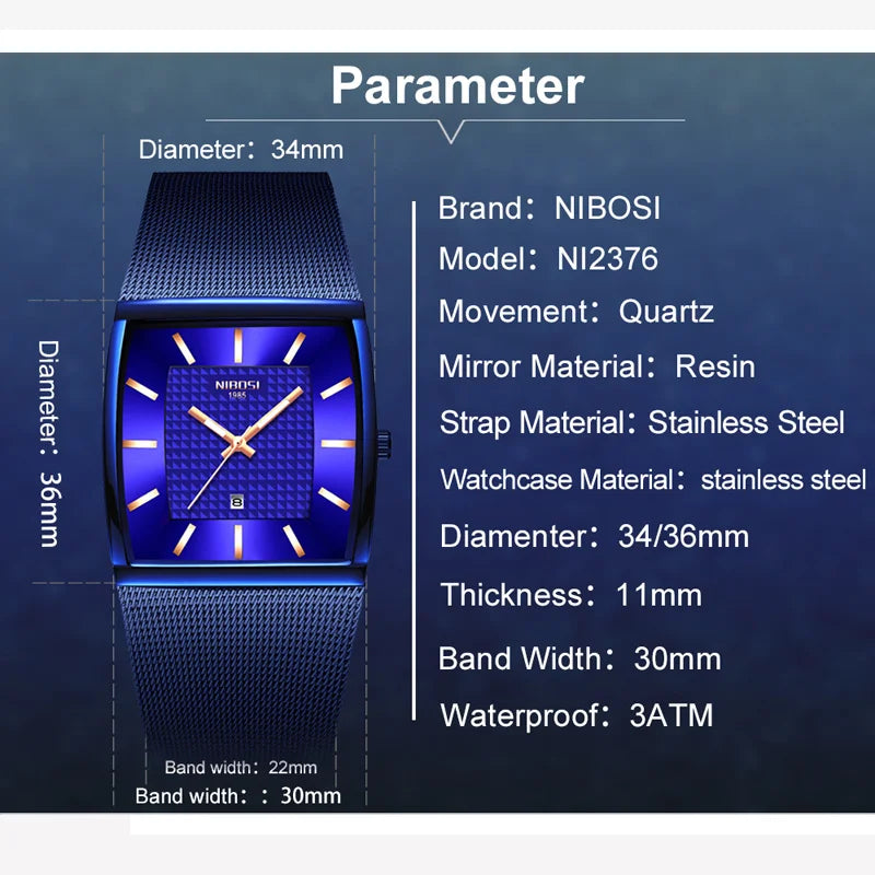 Nibosi-relógio de pulso masculino de quartzo, marca de luxo, azul, quadrado, impermeável, fino, dourado, para homens